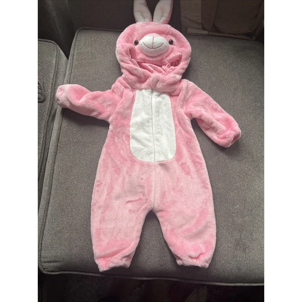 Unbranded Bunny Hooded Romper Infant Size 6-12M Pink Plush One-Piece Costume